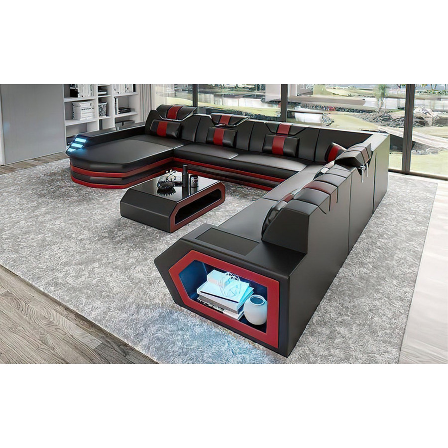 Jubilee Eileend Right Hand Facing Sectional with Leds - Black/Red, Top Grain Leather
