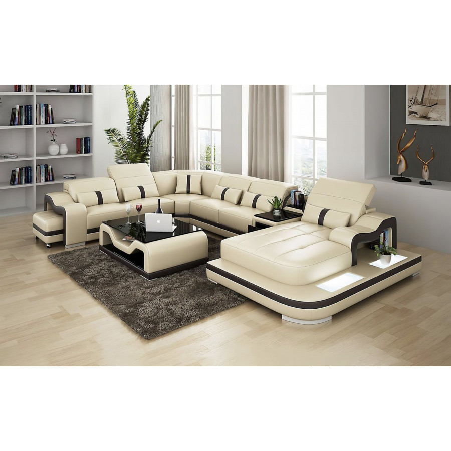 Jubilee Sydney Large Left Hand Facing Sectional with Side Table - Cream/Black, Top Grain Italian Leather