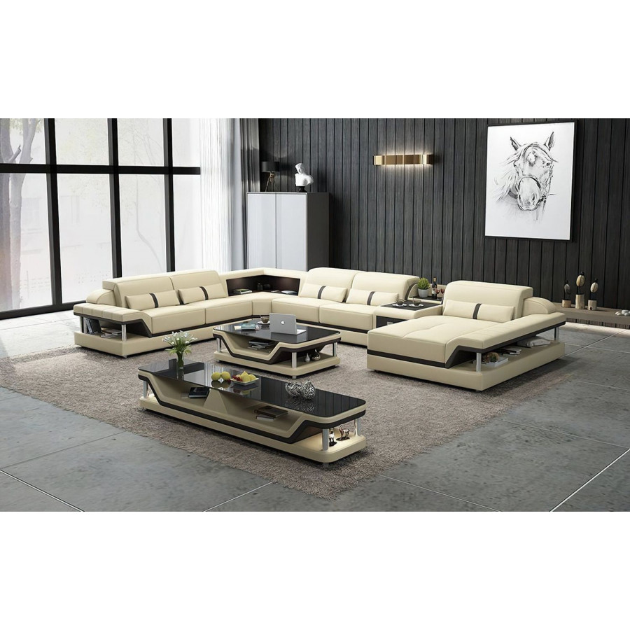Jubilee Bewley Modern Right Hand Facing Sectional with Storage - Beige/Dark Brown, Top Grain Italian Leather