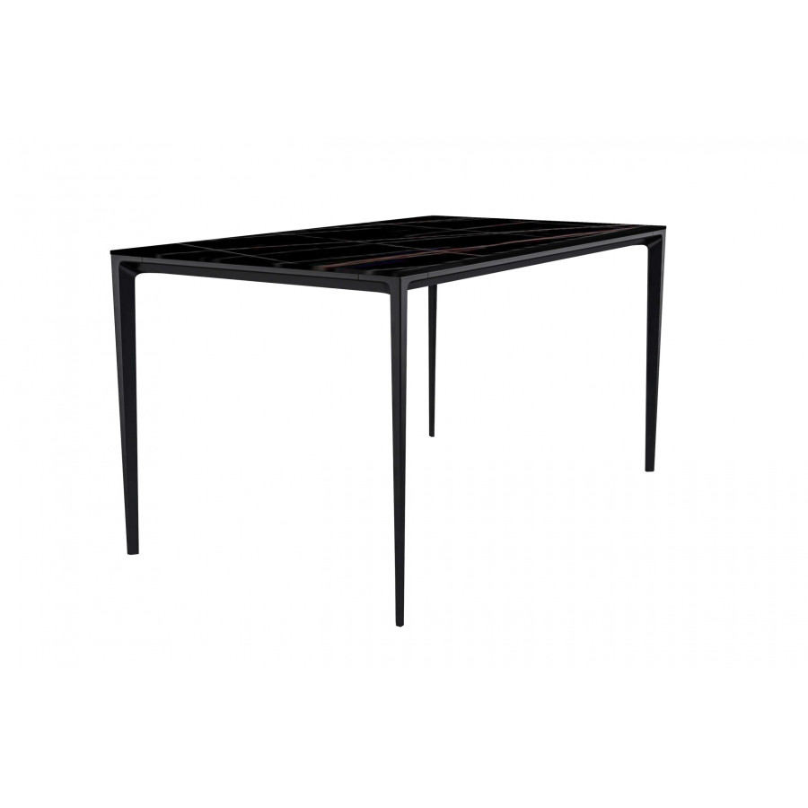 LeisureMod Avo Modern 71" Rectangular Dining Table with Stone Top and Black Aluminum Legs - Black/Gold