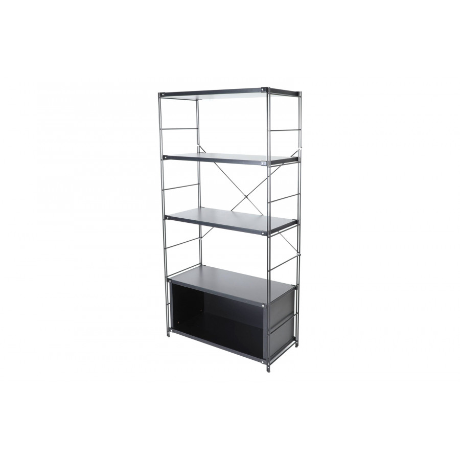 LeisureMod Brentwood Etagere Bookcase With Black Powder Coated Steel Frame And Melamine Board Shelves - Black