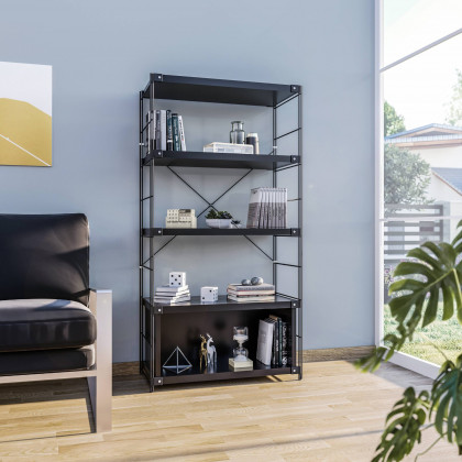LeisureMod Brentwood Etagere Bookcase With Black Powder Coated Steel Frame And Melamine Board Shelves - Black