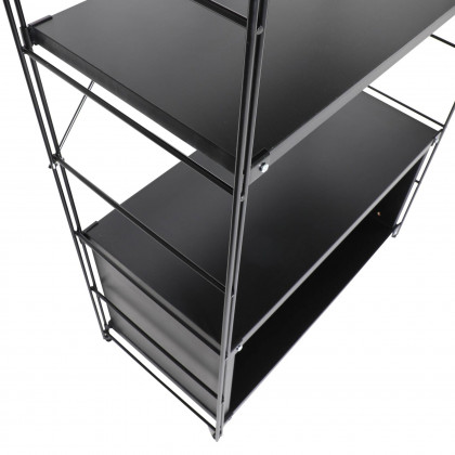 LeisureMod Brentwood Etagere Bookcase With Black Powder Coated Steel Frame And Melamine Board Shelves - Black
