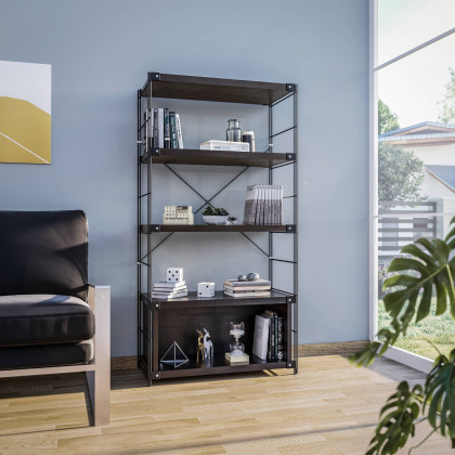 LeisureMod - Brentwood Etagere Bookcase With Black Powder Coated Steel Frame And Melamine Board Shelves