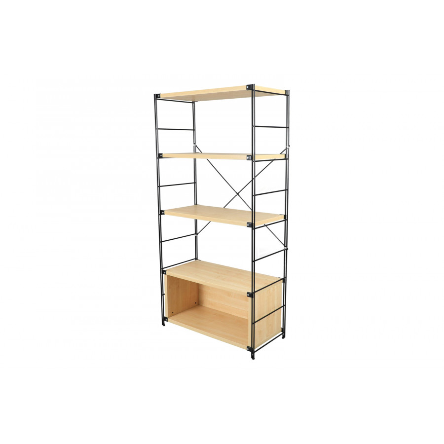 LeisureMod Brentwood Etagere Bookcase With Black Powder Coated Steel Frame And Melamine Board Shelves - Natural Wood