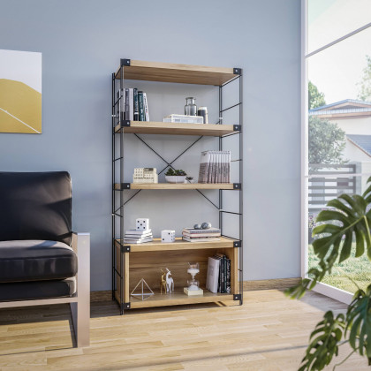 LeisureMod Brentwood Etagere Bookcase With Black Powder Coated Steel Frame And Melamine Board Shelves - Natural Wood