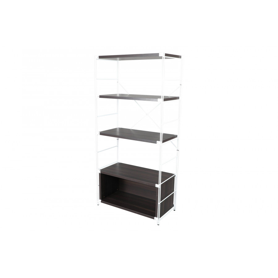 LeisureMod Brentwood Etagere Bookcase With White Powder Coated Steel Frame And Melamine Board Shelves - Dark Walnut