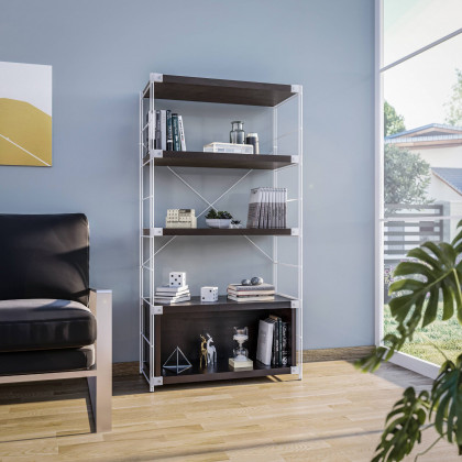 LeisureMod Brentwood Etagere Bookcase With White Powder Coated Steel Frame And Melamine Board Shelves - Dark Walnut