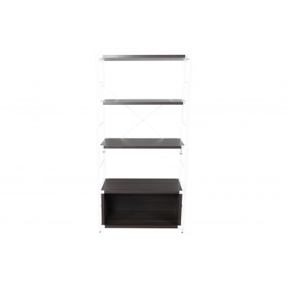 LeisureMod Brentwood Etagere Bookcase With White Powder Coated Steel Frame And Melamine Board Shelves - Dark Walnut