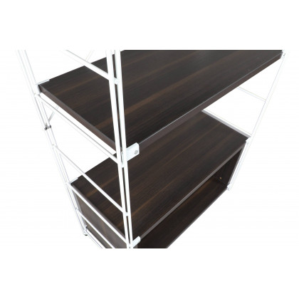 LeisureMod Brentwood Etagere Bookcase With White Powder Coated Steel Frame And Melamine Board Shelves - Dark Walnut