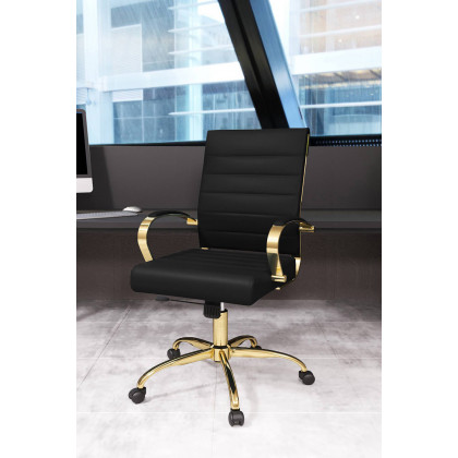 LeisureMod Benmar Home Leather Office Chair with Gold Frame - Black