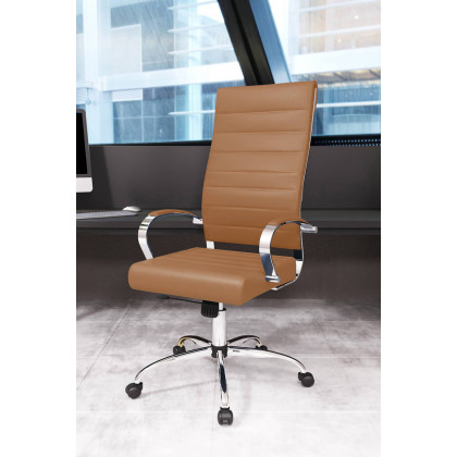 LeisureMod Benmar High-Back Home Leather Office Chair with Chrome Frame - Brown