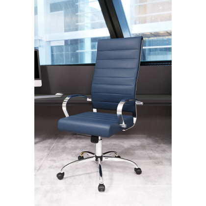 LeisureMod Benmar High-Back Home Leather Office Chair with Chrome Frame - Blue