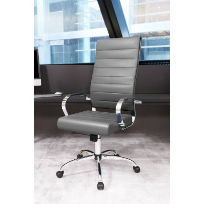 LeisureMod Benmar High-Back Home Leather Office Chair with Chrome Frame - Gray