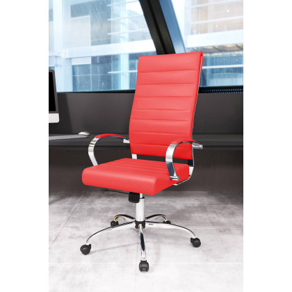 LeisureMod Benmar High-Back Home Leather Office Chair with Chrome Frame - Red
