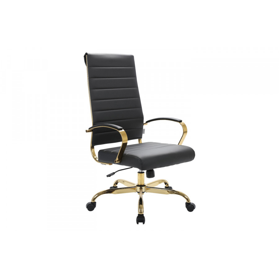 LeisureMod Benmar High-Back Leather Office Chair with Gold Frame - Black