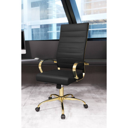 LeisureMod Benmar High-Back Leather Office Chair with Gold Frame - Black