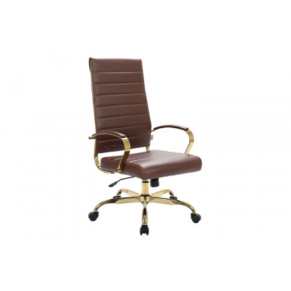 LeisureMod Benmar High-Back Leather Office Chair with Gold Frame - Brown