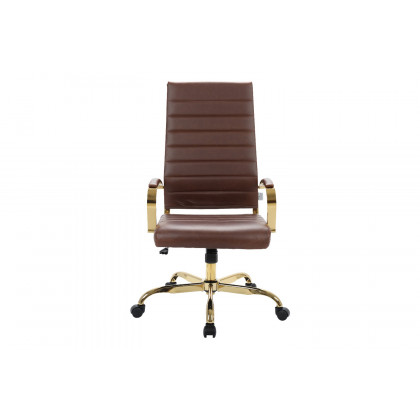 LeisureMod Benmar High-Back Leather Office Chair with Gold Frame - Brown