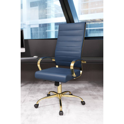 LeisureMod Benmar High-Back Leather Office Chair with Gold Frame - Navy Blue