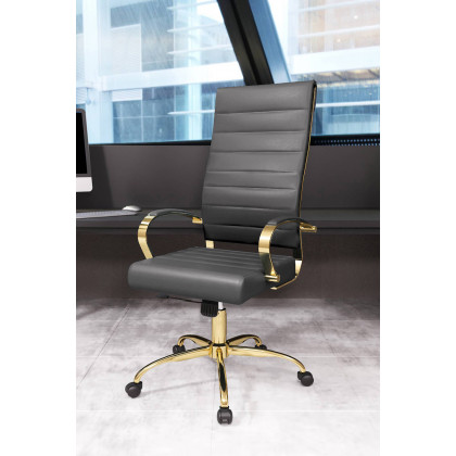 LeisureMod Benmar High-Back Leather Office Chair with Gold Frame - Gray