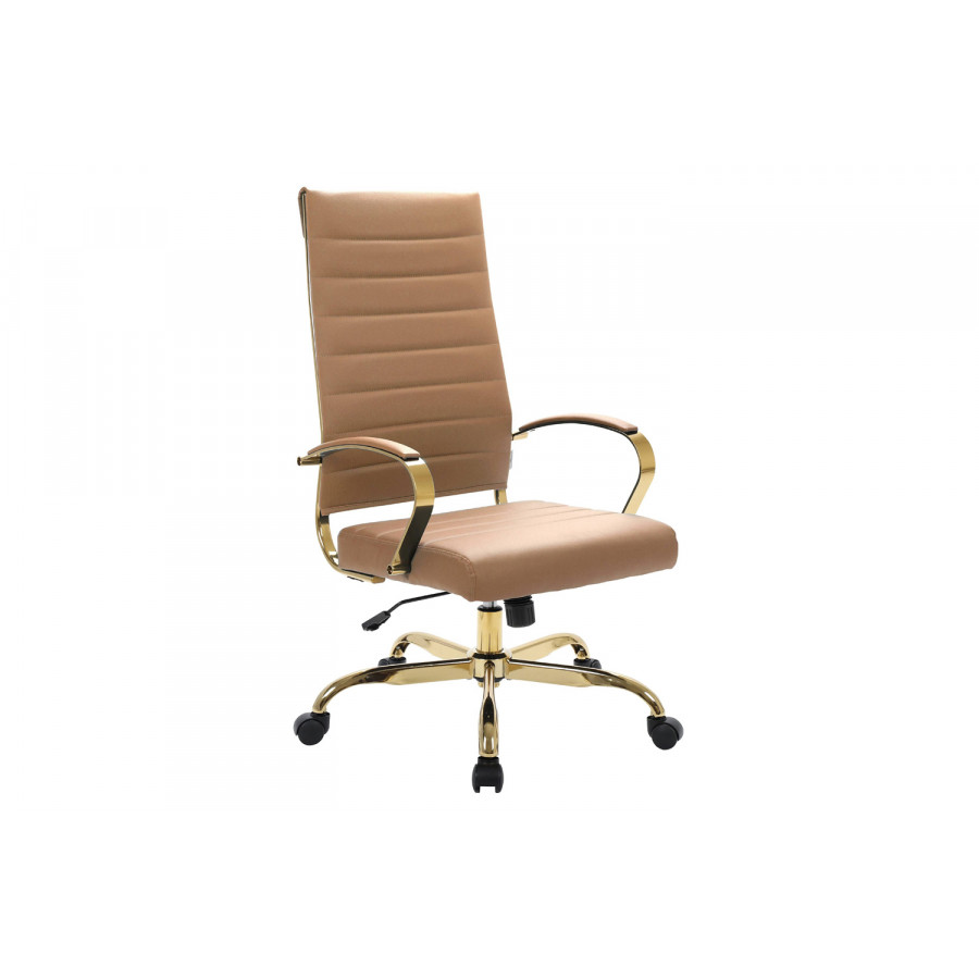 LeisureMod Benmar High-Back Leather Office Chair with Gold Frame - Light Brown