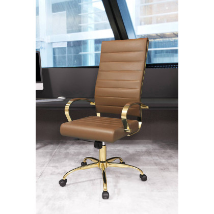 LeisureMod Benmar High-Back Leather Office Chair with Gold Frame - Light Brown