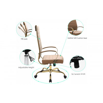 LeisureMod Benmar High-Back Leather Office Chair with Gold Frame - Light Brown