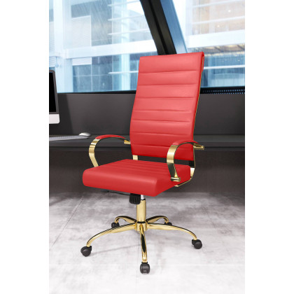 LeisureMod Benmar High-Back Leather Office Chair with Gold Frame - Red