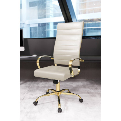 LeisureMod Benmar High-Back Leather Office Chair with Gold Frame - Tan