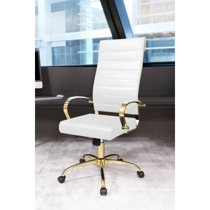 LeisureMod Benmar High-Back Leather Office Chair with Gold Frame - White