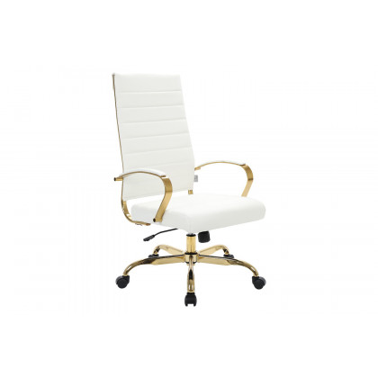 LeisureMod Benmar High-Back Leather Office Chair with Gold Frame - White