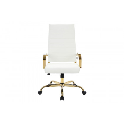 LeisureMod Benmar High-Back Leather Office Chair with Gold Frame - White