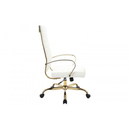 LeisureMod Benmar High-Back Leather Office Chair with Gold Frame - White