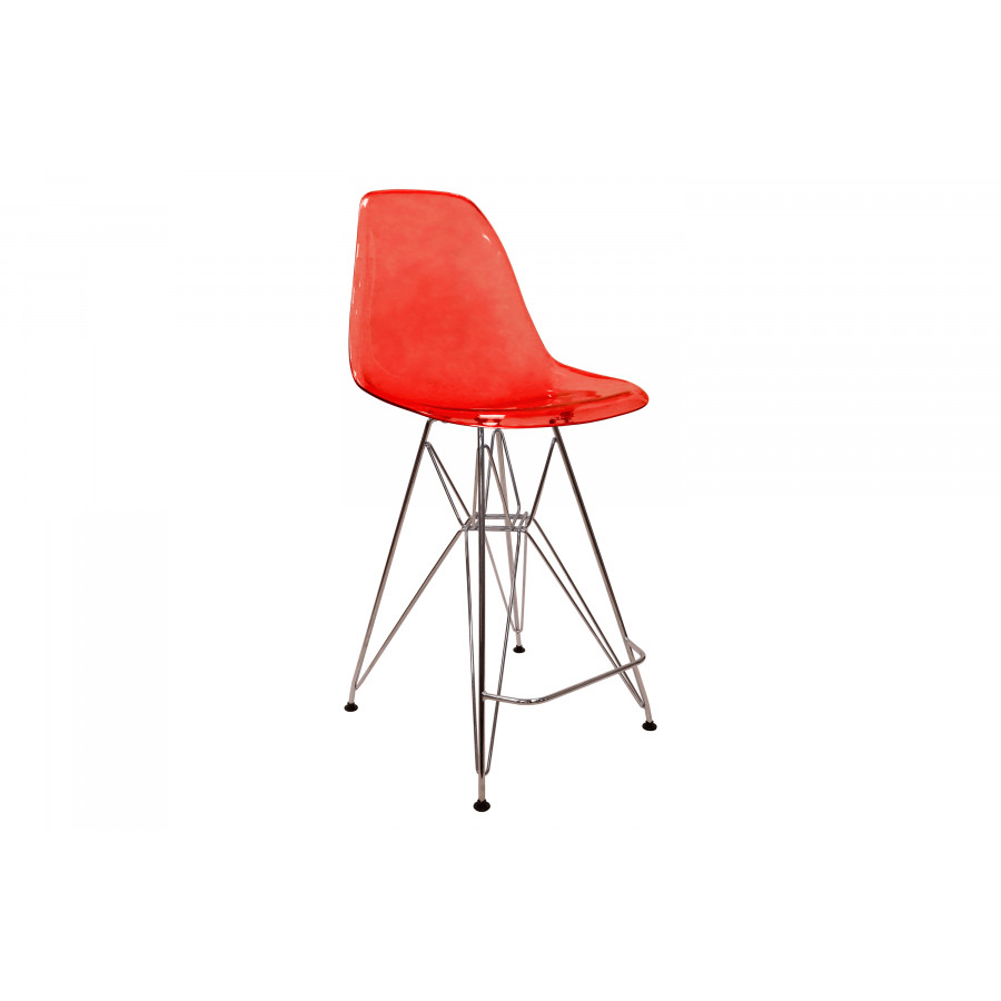 LeisureMod Cresco Modern Acrylic Barstool with Chrome Base and Footrest - Transparent Red