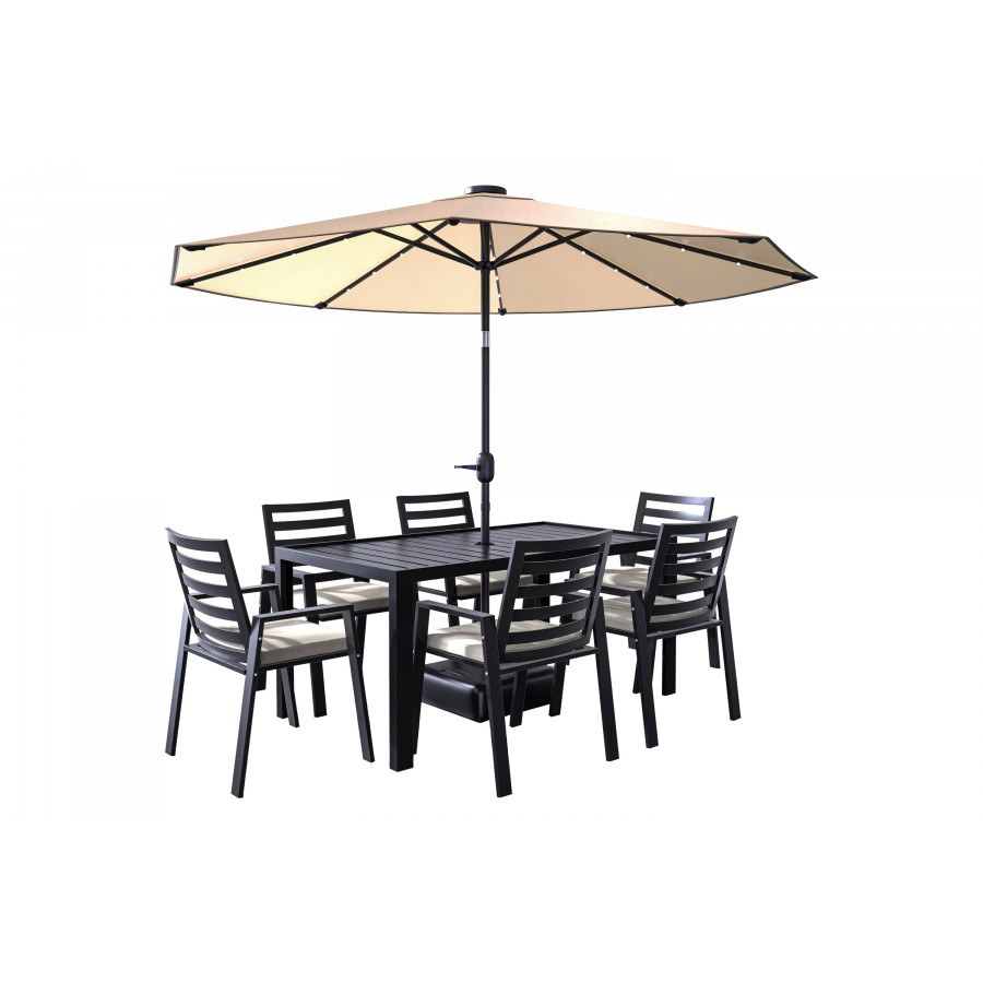 LeisureMod Chelsea Modern 7-Piece Outdoor Dining Set in Black Aluminum with Removable Cushions - Beige