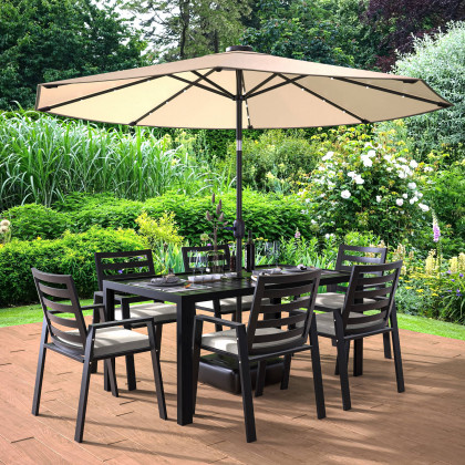 LeisureMod Chelsea Modern 7-Piece Outdoor Dining Set in Black Aluminum with Removable Cushions - Beige