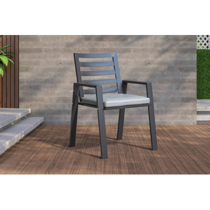 LeisureMod Chelsea Modern 7-Piece Outdoor Dining Set in Black Aluminum with Removable Cushions - Beige