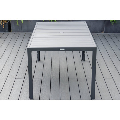 LeisureMod Chelsea Modern 7-Piece Outdoor Dining Set in Black Aluminum with Removable Cushions - Beige
