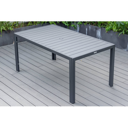 LeisureMod Chelsea Modern 7-Piece Outdoor Dining Set in Black Aluminum with Removable Cushions - Charcoal Blue