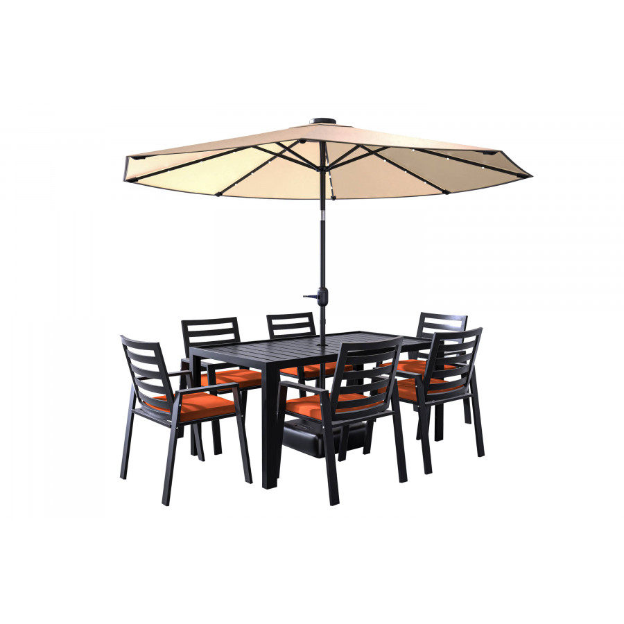 LeisureMod Chelsea Modern 7-Piece Outdoor Dining Set in Black Aluminum with Removable Cushions - Orange