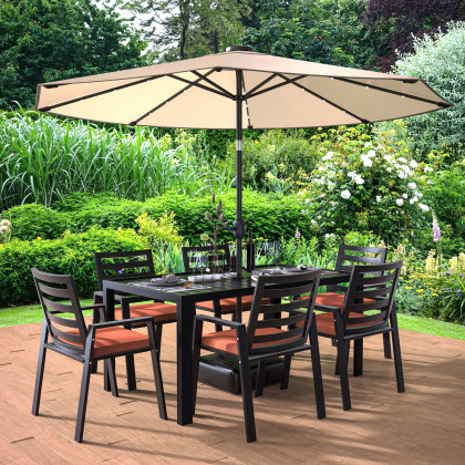 LeisureMod Chelsea Modern 7-Piece Outdoor Dining Set in Black Aluminum with Removable Cushions - Orange