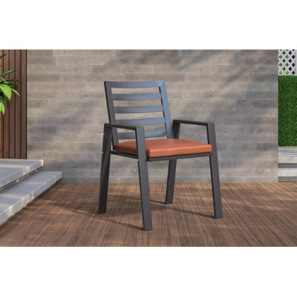 LeisureMod Chelsea Modern 7-Piece Outdoor Dining Set in Black Aluminum with Removable Cushions - Orange