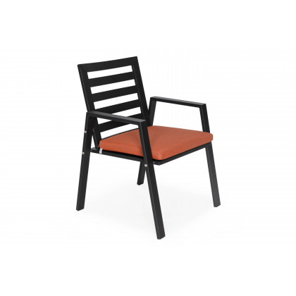 LeisureMod Chelsea Modern 7-Piece Outdoor Dining Set in Black Aluminum with Removable Cushions - Orange