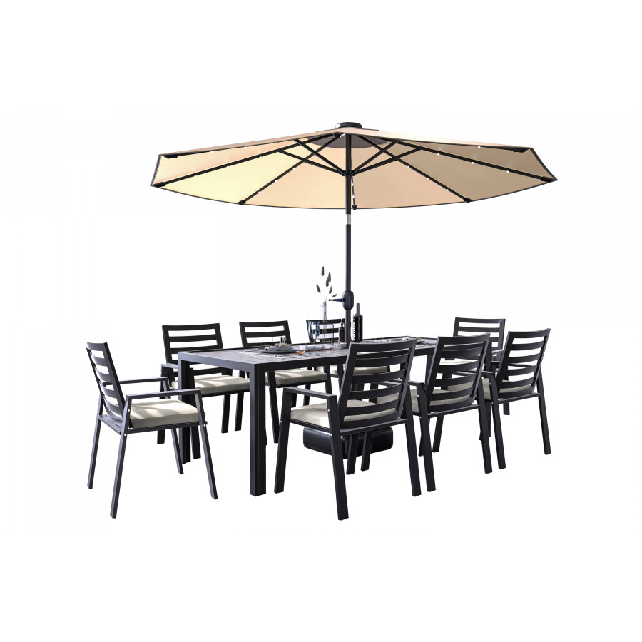 LeisureMod Chelsea Modern 9-Piece Outdoor Dining Set in Black Aluminum with Removable Cushions - Beige