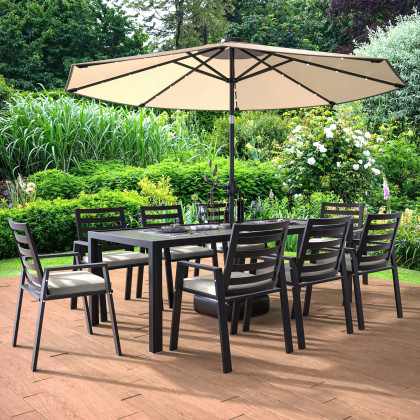 LeisureMod Chelsea Modern 9-Piece Outdoor Dining Set in Black Aluminum with Removable Cushions - Beige
