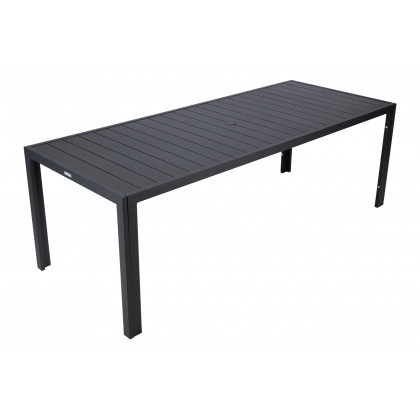 LeisureMod Chelsea Modern 9-Piece Outdoor Dining Set in Black Aluminum with Removable Cushions - Beige