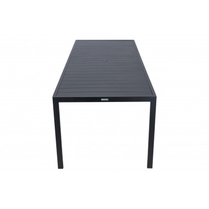 LeisureMod Chelsea Modern 9-Piece Outdoor Dining Set in Black Aluminum with Removable Cushions - Beige