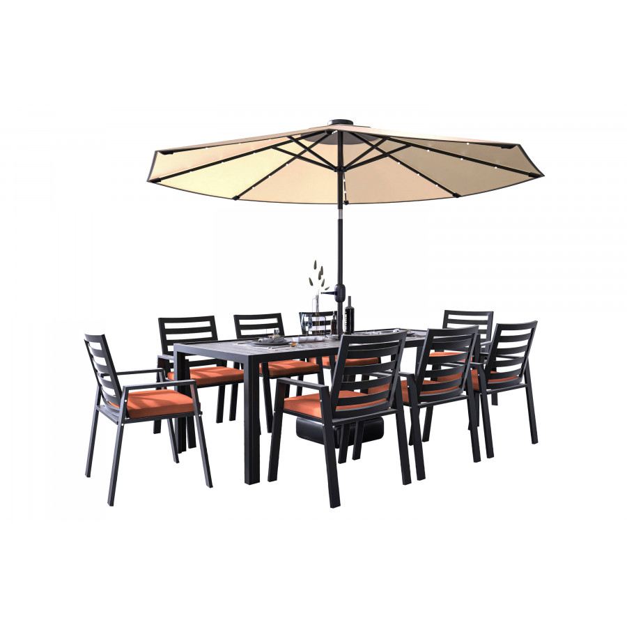 LeisureMod Chelsea Modern 9-Piece Outdoor Dining Set in Black Aluminum with Removable Cushions - Orange