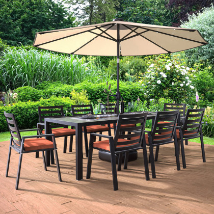 LeisureMod Chelsea Modern 9-Piece Outdoor Dining Set in Black Aluminum with Removable Cushions - Orange